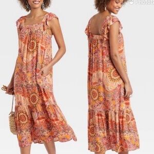 Knox Rose Flutter Sleeve A-Line Maxi Dress Orange Pink Boho Print
